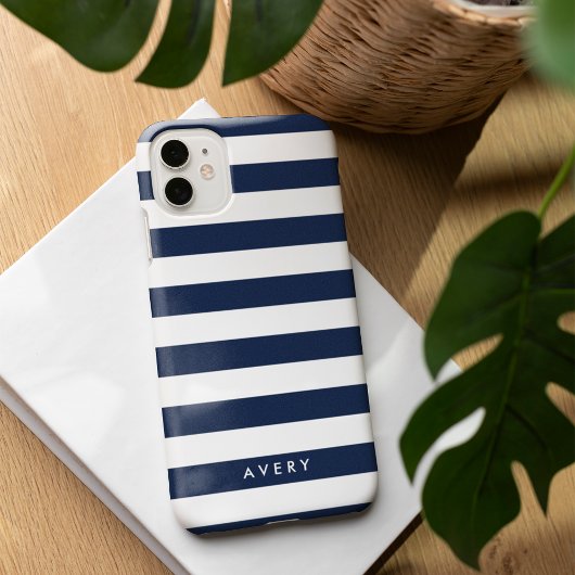 Nautical Modern Navy and White Stripe gepersonalis Case-Mate iPhone Case