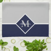 Nautical Modern Navy Blue Gray Monogram Kitchen Theedoek (Gevouwen)