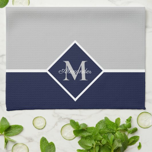 Nautical Modern Navy Blue Gray Monogram Kitchen Theedoek (Gevouwen)