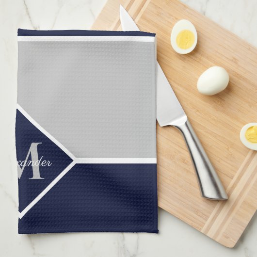 Nautical Modern Navy Blue Gray Monogram Kitchen Theedoek (Quarter Fold)