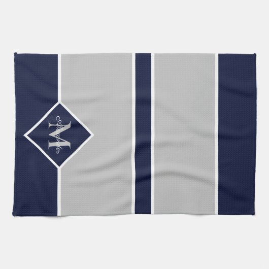 Nautical Modern Navy Blue Gray Monogram Kitchen Theedoek (Horizontaal)