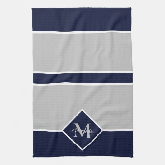 Nautical Modern Navy Blue Gray Monogram Kitchen Theedoek (Verticaal)