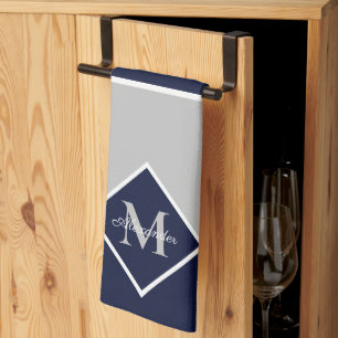 Nautical Modern Navy Blue Gray Monogram Kitchen Theedoek