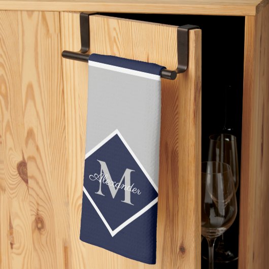 Nautical Modern Navy Blue Gray Monogram Kitchen Theedoek (Derde Gevouwen)