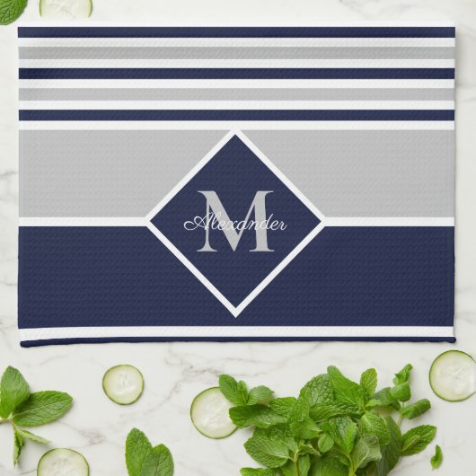 Nautical Modern Navy Blue Gray Monogram Kitchen Theedoek (Gevouwen)