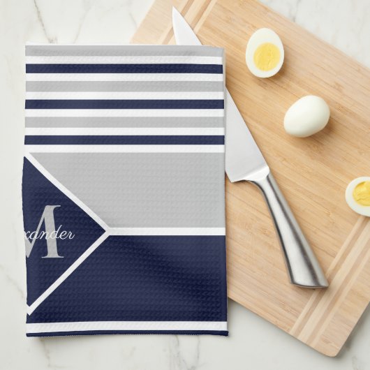 Nautical Modern Navy Blue Gray Monogram Kitchen Theedoek (Quarter Fold)