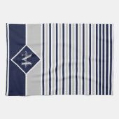 Nautical Modern Navy Blue Gray Monogram Kitchen Theedoek (Horizontaal)