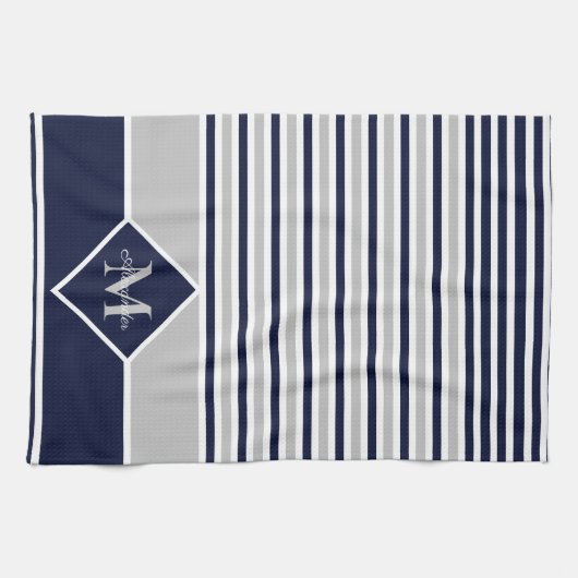 Nautical Modern Navy Blue Gray Monogram Kitchen Theedoek (Horizontaal)