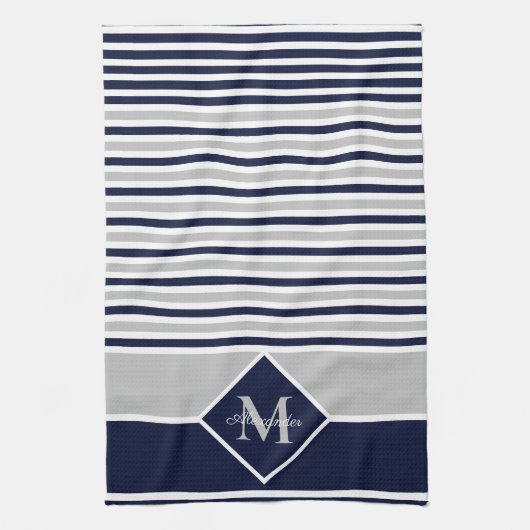 Nautical Modern Navy Blue Gray Monogram Kitchen Theedoek (Verticaal)