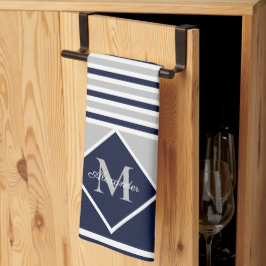 Nautical Modern Navy Blue Gray Monogram Kitchen Theedoek