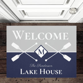 Nautical Modern Navy Blue Gray Monogram Lake House Deurmat