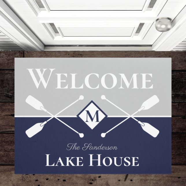 Nautical Modern Navy Blue Gray Monogram Lake House Deurmat (Creator heeft geüpload)