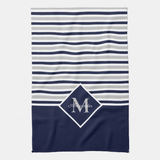 Nautical Modern Navy Blue Gray Monogram Theedoek (Verticaal)