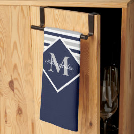 Nautical Modern Navy Blue Gray Monogram Theedoek
