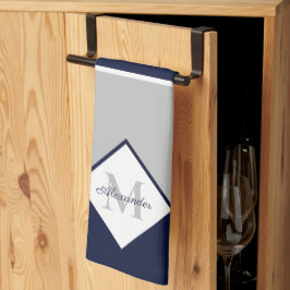 Nautical Modern Navy Blue Gray Monogram Theedoek