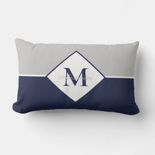 Nautical Modern Navy Blue Gray Monogram Throw Pil Buitenkussen (Voorkant)