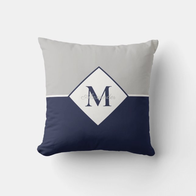 Nautical Modern Navy Blue Gray Monogram Throw Pil Buitenkussen (Voorkant)