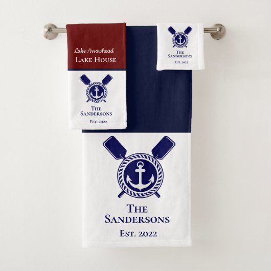 Nautical Modern Navy Blue Monogram Lake House Bad Handdoek (Insitu)