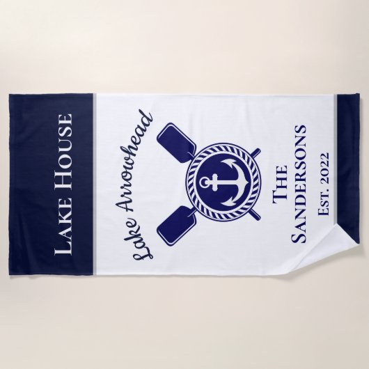 Nautical Modern Navy Blue Monogram Lake House Strandlaken (Voorkant)