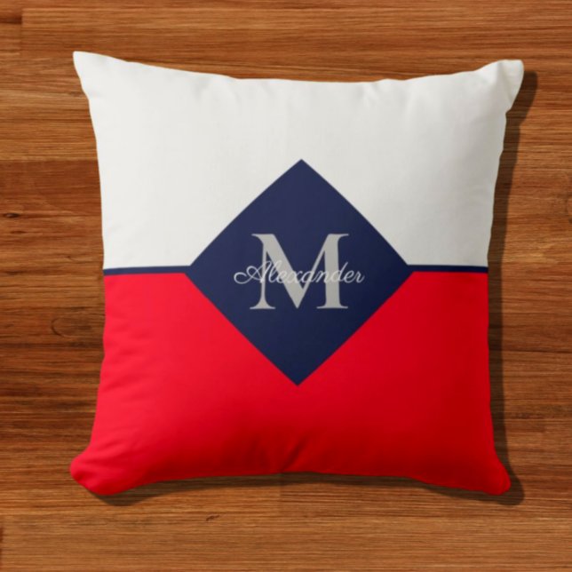 Nautical Modern Navy Blue Red Monogram Throw Pillo Buitenkussen (Creator heeft geüpload)