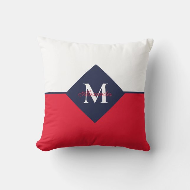Nautical Modern Navy Blue Red Monogram Throw Pillo Buitenkussen (Voorkant)