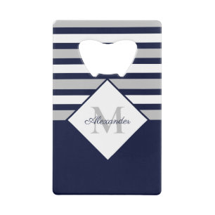 Nautical Modern Navy Blue, White Striped Grey Creditkaart Flessenopener