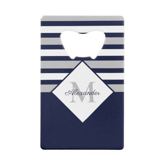 Nautical Modern Navy Blue, White Striped Grey Creditkaart Flessenopener (Voorkant)