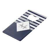 Nautical Modern Navy Blue, White Striped Grey Creditkaart Flessenopener (Voorkant Gekanteld)