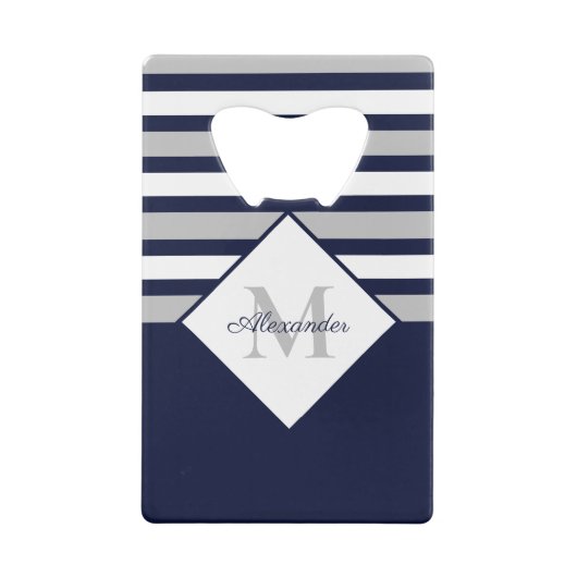 Nautical Modern Navy Blue, White Striped Grey Creditkaart Flessenopener (Achterkant)