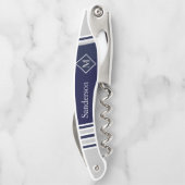 Nautical Modern Navy, White Striped Gray Monogram Kurkentrekker (Achterkant)