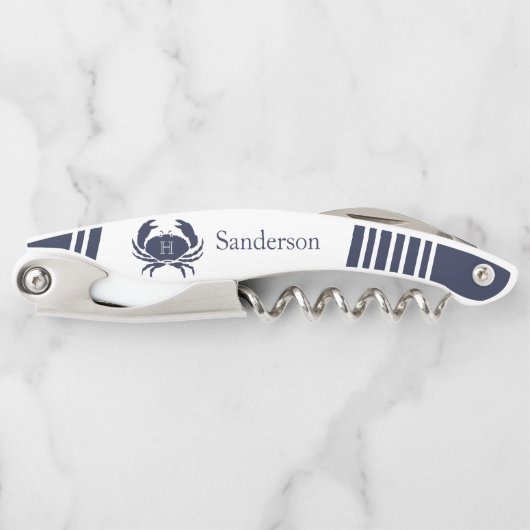 Nautical Modern Navy, White Striped Gray Monogram Kurkentrekker (Voorkant)