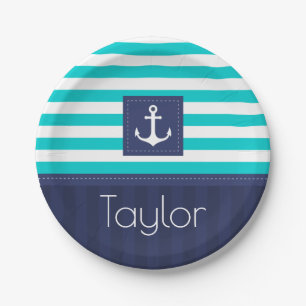 Nautical Modern Striped Anchor Design Personalized Papieren Bordje