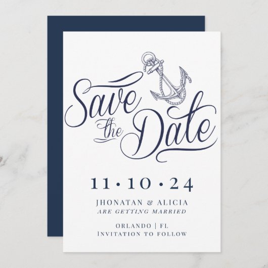 Nautical Modern White and Blue Save the Date Kaart (Voorkant / Achterkant)