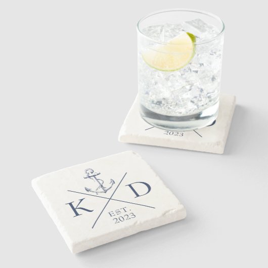 Nautical Monogram Anchor Navy Stenen Onderzetter (Zijkant)