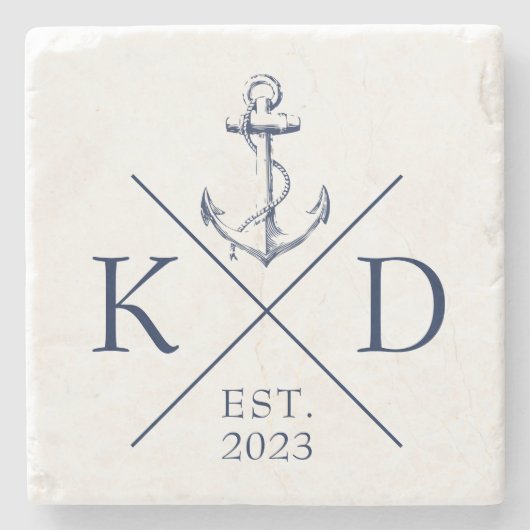 Nautical Monogram Anchor Navy Stenen Onderzetter (Voorkant)