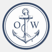 Nautical Monogram Anchor Navy White Ronde Sticker (Voorkant)
