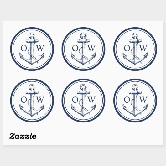 Nautical Monogram Anchor Navy White Ronde Sticker (Vel)