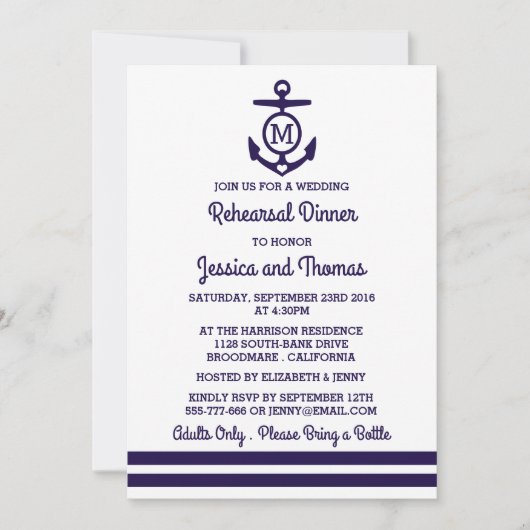 Nautical Monogram Anchor Wedding Rehearsal Dinner Kaart (Voorkant)