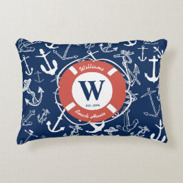 Nautical Monogram Navy Blue Anchor Beach House Accent Kussen