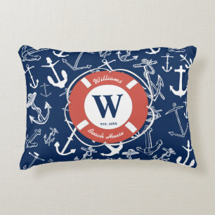 Nautical Monogram Navy Blue Anchor Beach House Accent Kussen