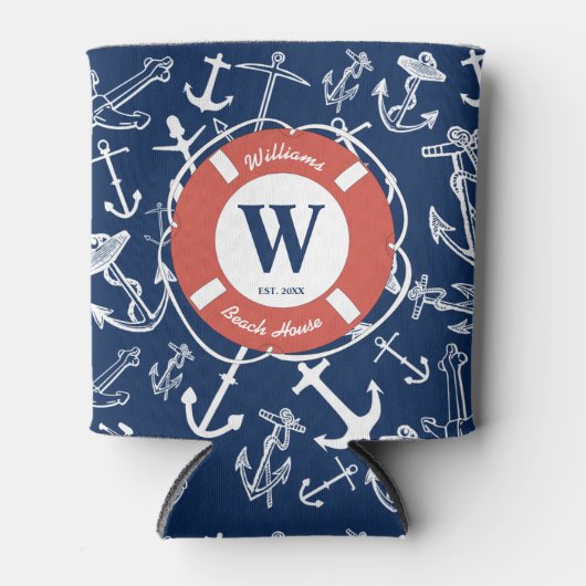 Nautical Monogram Navy Blue Anchor Beach House Blikjeskoeler (Voorkant)