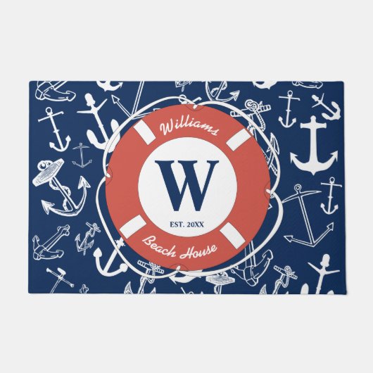 Nautical Monogram Navy Blue Anchor Beach House Deurmat (Voorkant)