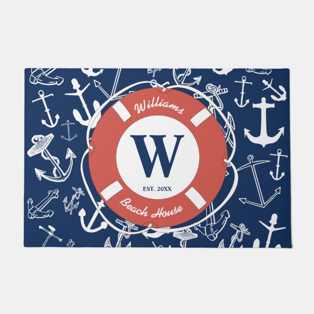 Nautical Monogram Navy Blue Anchor Beach House Deurmat (Voorkant)