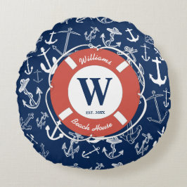 Nautical Monogram Navy Blue Anchor Beach House Rond Kussen
