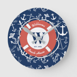 Nautical Monogram Navy Blue Anchor Beach House Ronde Klok
