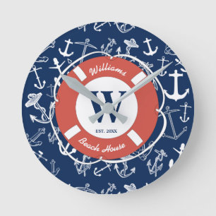 Nautical Monogram Navy Blue Anchor Beach House Ronde Klok
