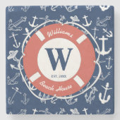 Nautical Monogram Navy Blue Anchor Beach House Stenen Onderzetter (Voorkant)