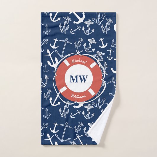 Nautical Monogram Navy Blue Anchor Pattern Bad Handdoek (Handdoek)