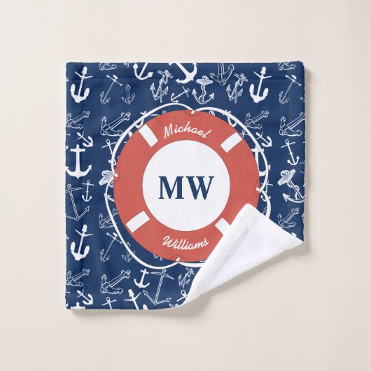 Nautical Monogram Navy Blue Anchor Pattern Bad Handdoek (Wasdoekje)