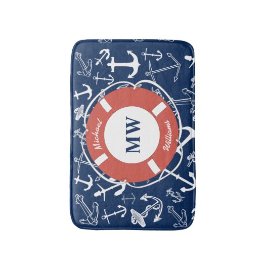 Nautical Monogram Navy Blue Anchor Pattern Badmat (Voorkant Verticaal)